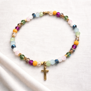 Hovedbilde Fargerikt elastisk armb&aring;nd med gullkors